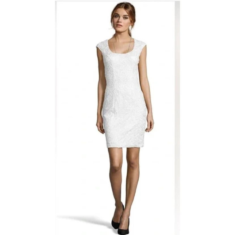 Sue Wong White Cap Sleeve Scoop Neck Raised Lace Dress Size 2 NEW